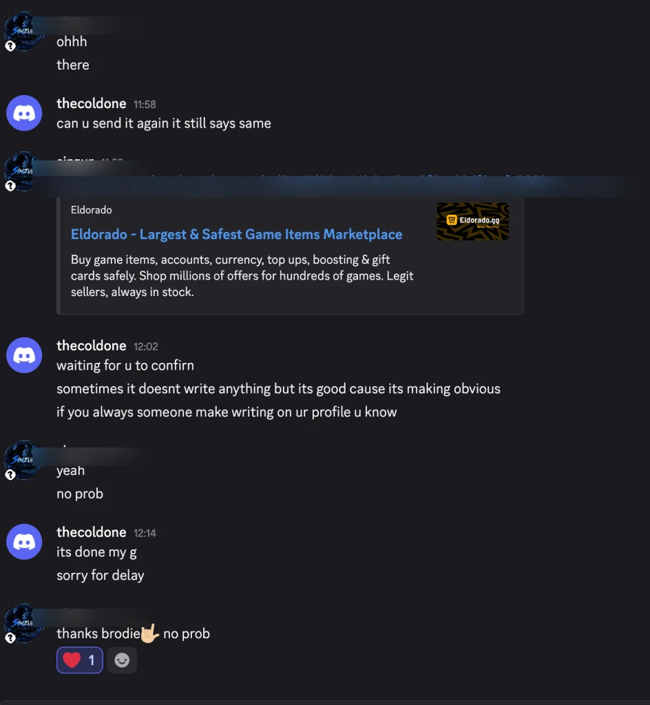 Verified Discord DM from a redacted customer